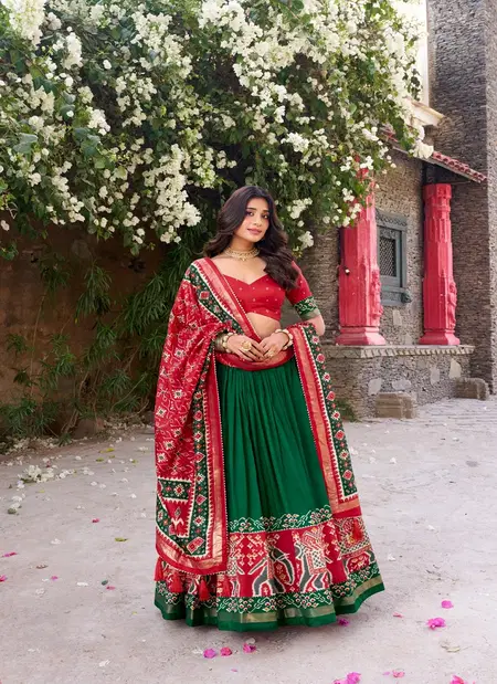 Green Colour Tussar Silk With Patola Printed With Foil Work Lehenga With Blouse Dupatta LNB1221